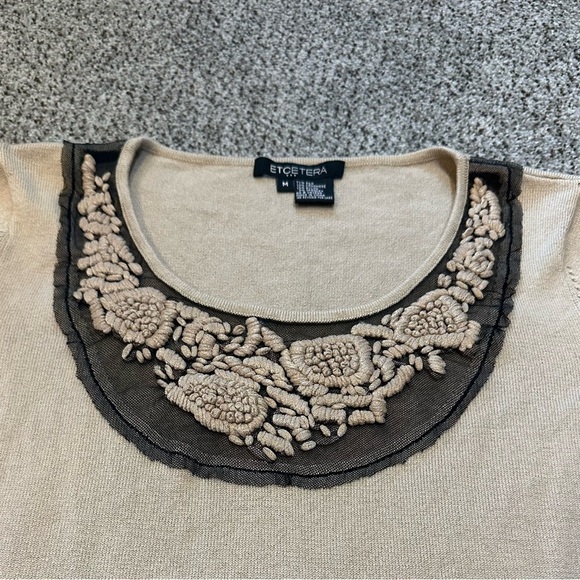 Etcetera M Silk Cashmere Tan Sweater Sheer Black Embroidered Detail R $275 - Picture 5 of 12